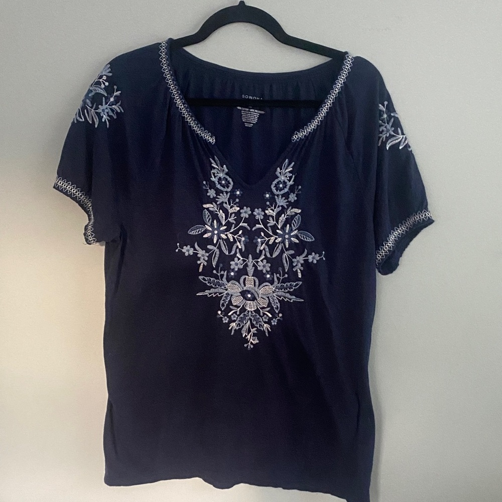 Sonoma Dark Blue Floral Embroidered Blouse